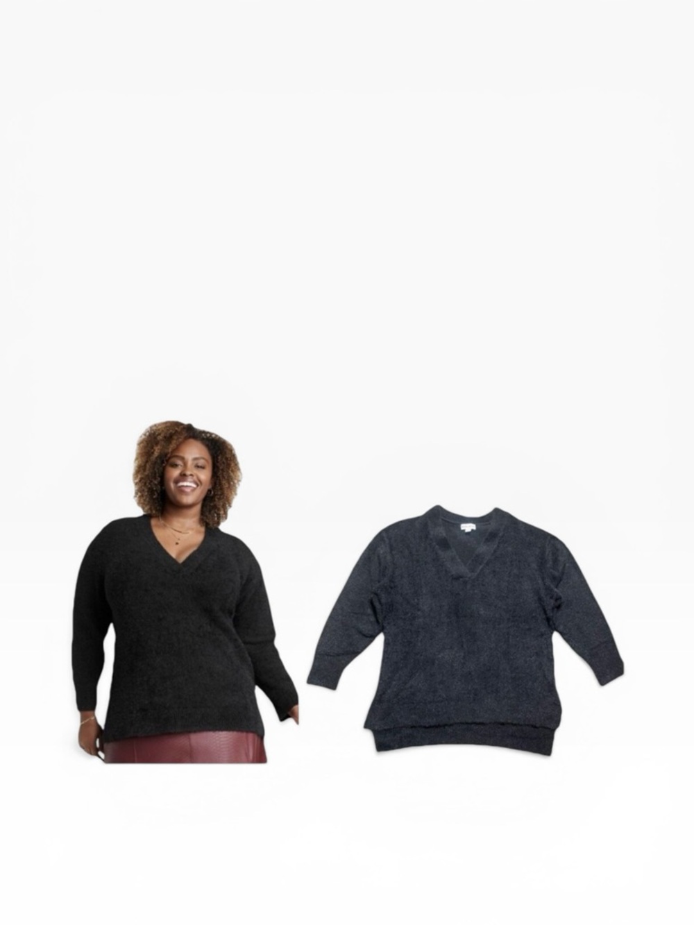 Ava & Viv Knit Sweater Women's 2X Black Fluffy V Neck Tunic Pullover Top